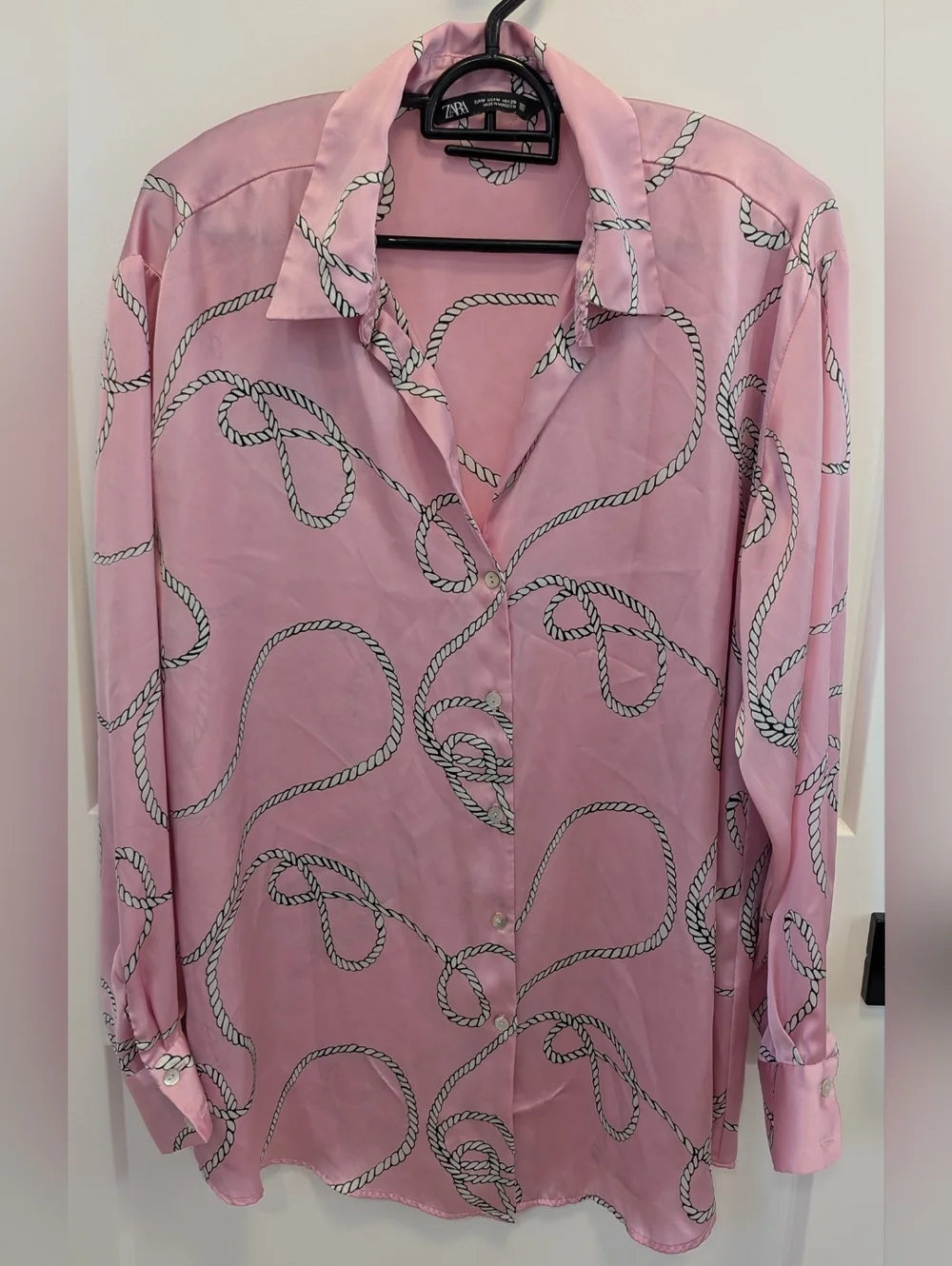 Zara Pink Satin Rope-Print Button-Up Blouse - Picture 2 of 9